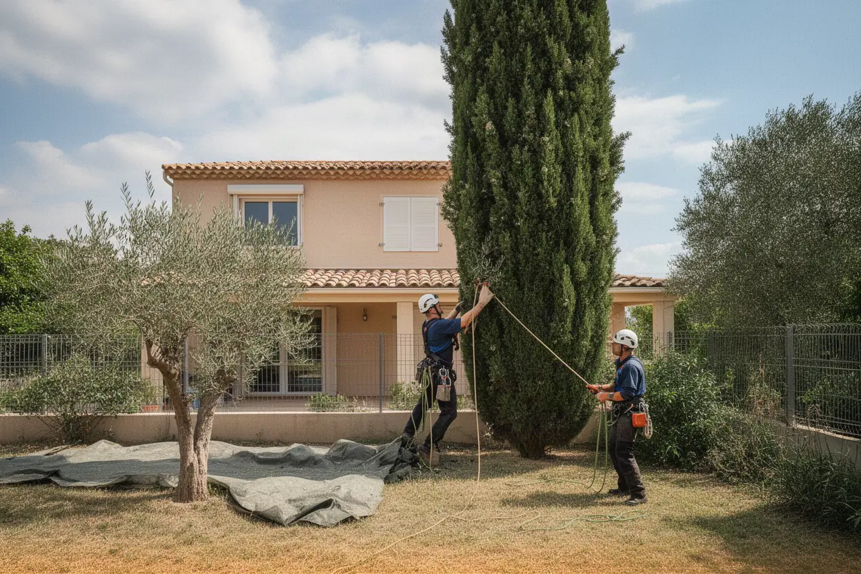 Élagueur démontant un arbre contraint près d'une villa toulonnaise
