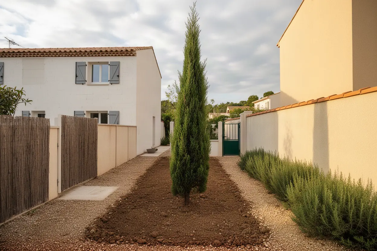 Cyprès incliné dans un jardin étroit à Ollioules