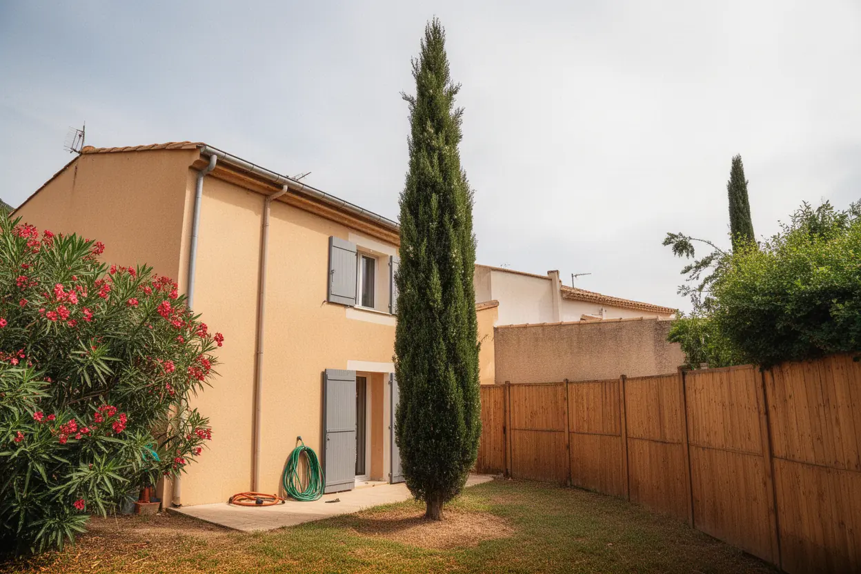 Cyprès incliné près d'une maison toulonnaise avant abattage