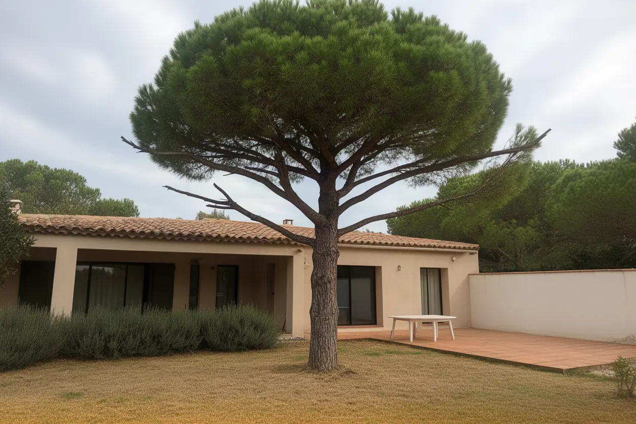 Pin dense au-dessus d'une terrasse à Toulon avant taille