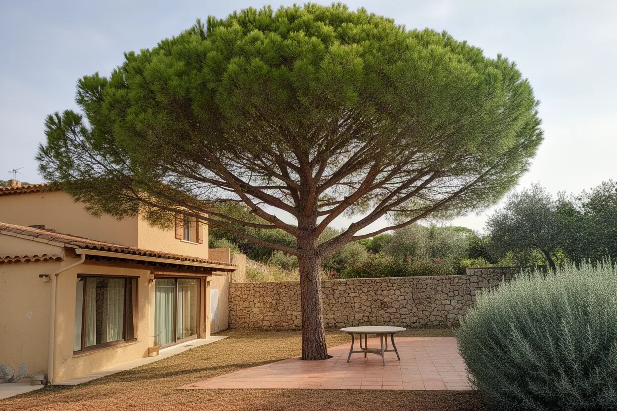 Pin dense avant élagage sur terrasse à Toulon