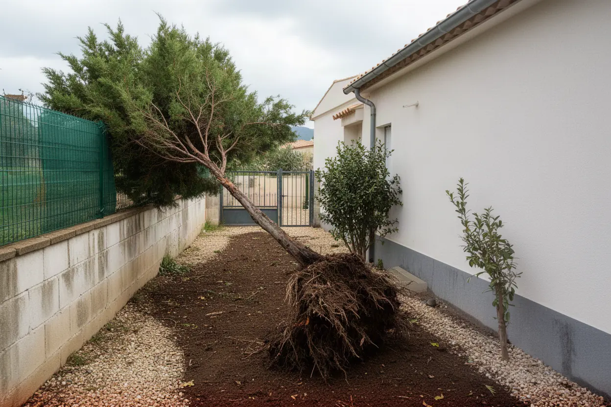 Cyprès déraciné appuyé sur clôture à Ollioules