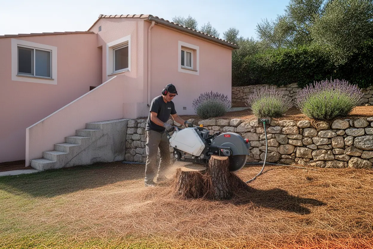 Rogneuse retirant une souche dans un jardin de Toulon