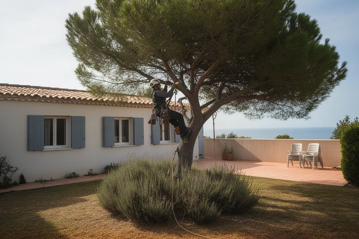 Arboriste taillant un pin adulte dans un jardin à Toulon