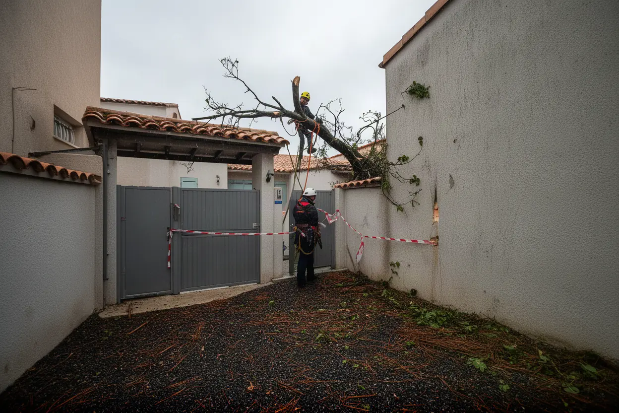 Élagueur sécurisant un arbre endommagé après mistral à Toulon